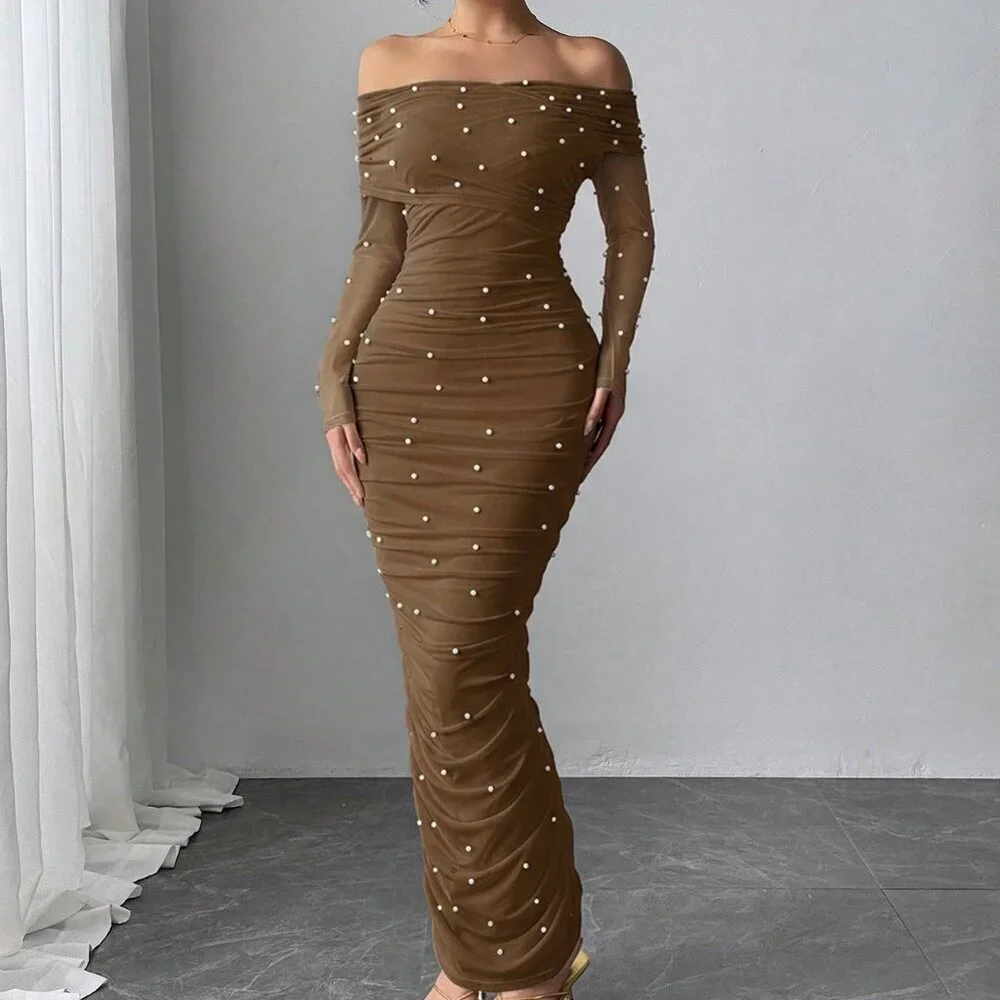 Coffee Brown Elegant Women's Off-Shoulder Pearl Decor Ruffle Maxi Dress - Picture 3 of 10